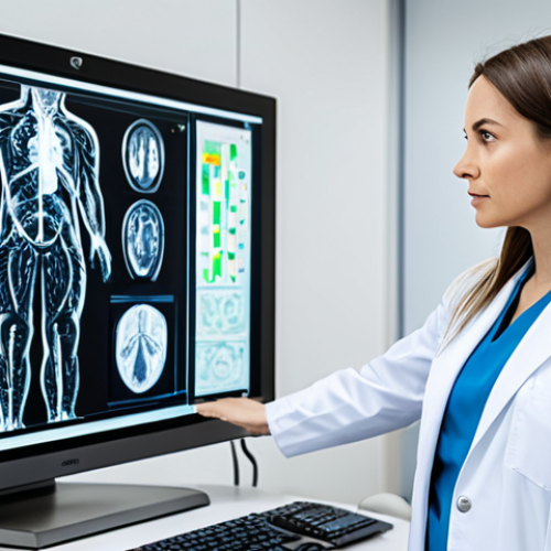 AI in Healthcare**

"A modern hospital room, a doctor in a professional white coat examining a digital medical scan on a large screen, assisted by an AI interface displaying complex data visualizations, fully clothed, appropriate attire, safe for work, perfect anatomy, correct proportions, professional setting, family-friendly, high resolution, detailed, realistic."

**