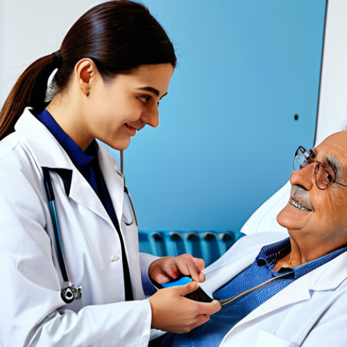 AI in Healthcare Consultation**

"A compassionate doctor, fully clothed in a professional white coat, consults with an elderly Italian patient in a bright, modern hospital room. A friendly AI assistant on a tablet displays relevant medical information. Appropriate content, safe for work, emphasizing patient care, perfect anatomy, well-formed hands, professional medical setting, family-friendly."

**